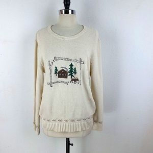 Cabela’s Women’s Size L Cream Perl Knit Embroidered Sweater Pullover Log Cabin